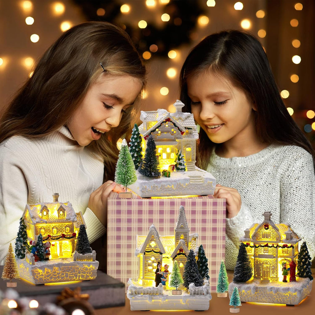 15 Pcs Christmas Village Set, 4 LED Houses 10 Trees Snow,Elegant