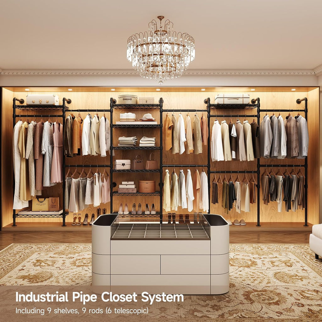 Wall Mounted Garment Rack, Industrial Pipe Clothing Rack, Closet System with 6 Expandable Rods, Walk in Closet