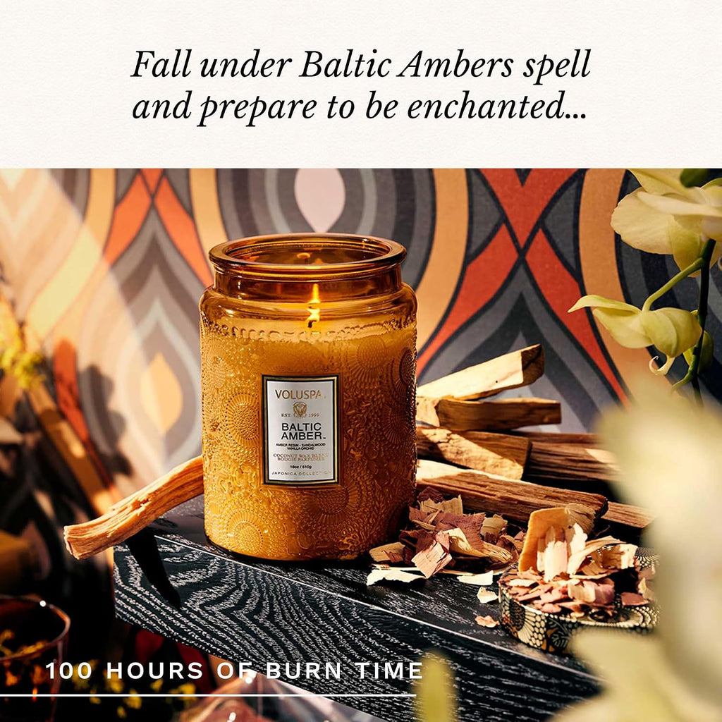 Baltic Amber Large Scented Candle Jar 18 Oz, 100 Hr Burn | Coconut Wax Blend in Decorative Glass, Clean Even Burn