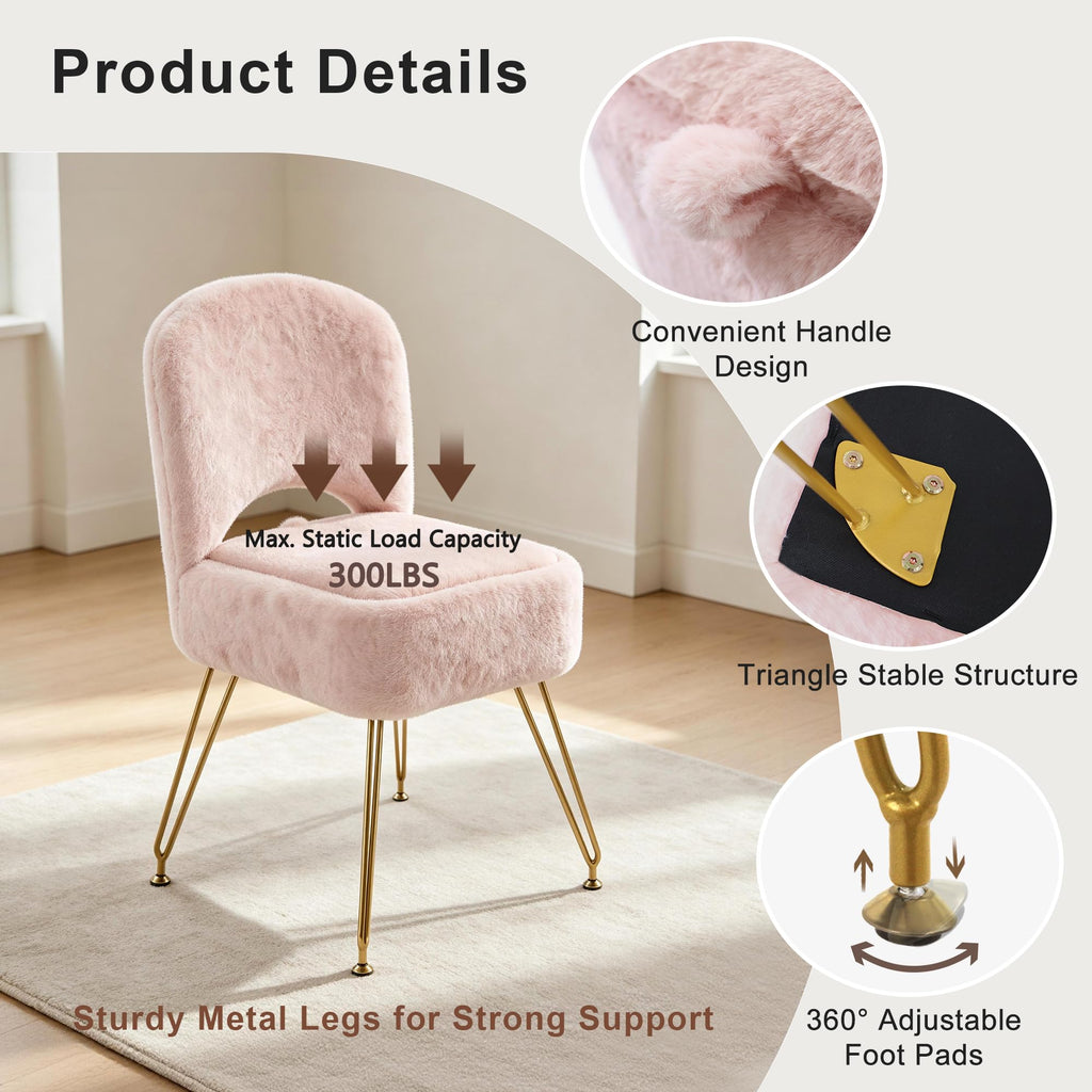 Vanity Stool Chair with Storage and Folding Back, 4 Metal Legs with Anti-Slip Feet, 15.8" x 15.8" x 33" Square