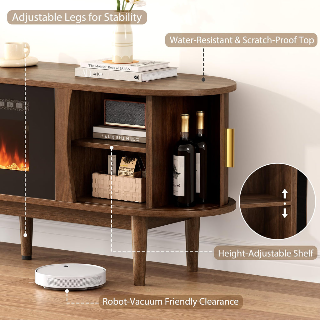 70′′ Fluted Fireplace TV Stand for 80′′ TVs, Entertainment Center with Fluted Sliding Tambour Doors & Adjustable