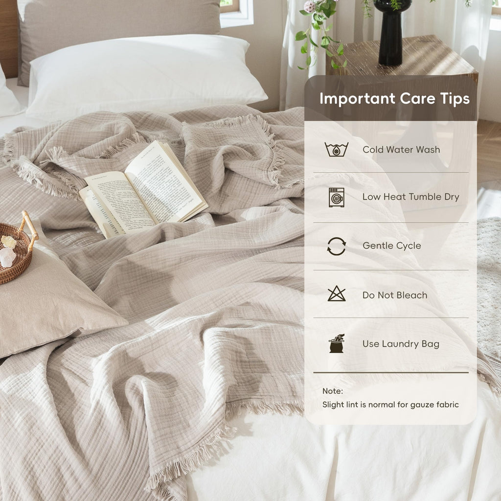 100% Cotton Muslin Blanket, Fringed 4-Layer Gauze Bed Throw Blankets