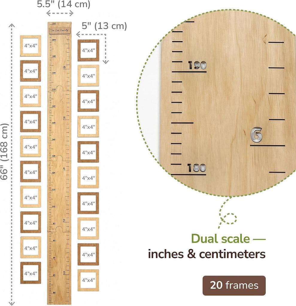Wooden Growth Chart Ruler with 20 Picture Frames 4x4 - Kids Height Measurement Wall Decor Room - Dual Inch & cm