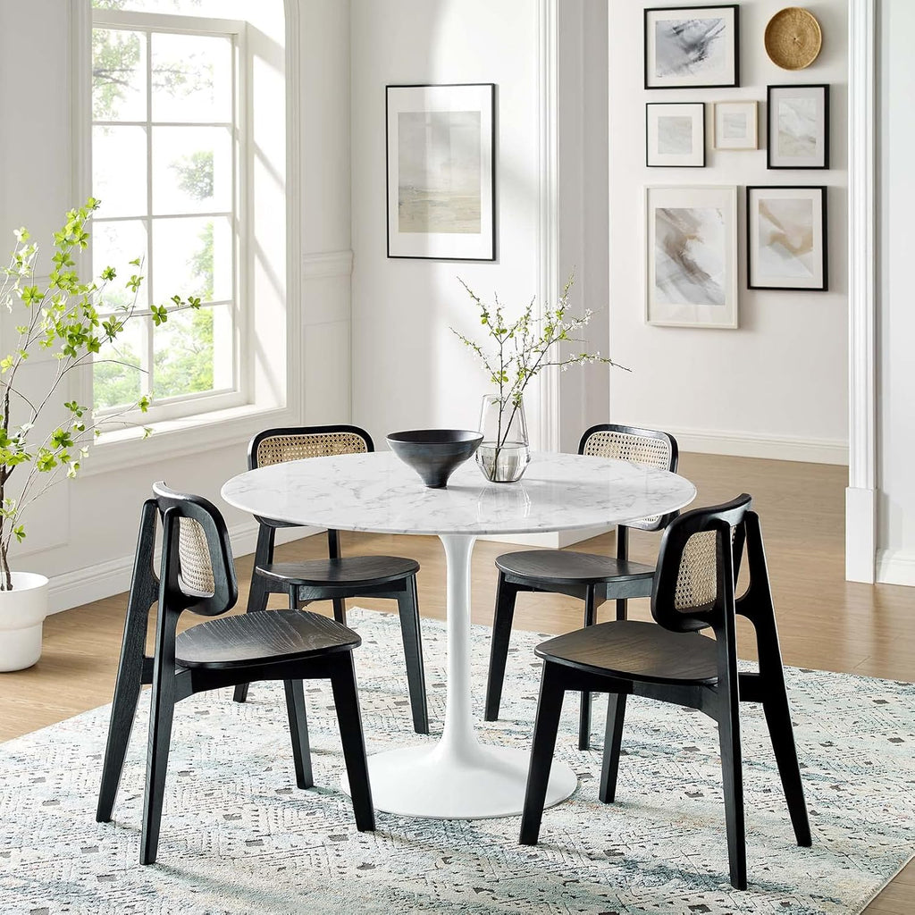 Lippa 47" Mid-Century Dining Table with Round Artificial Marble Top in White