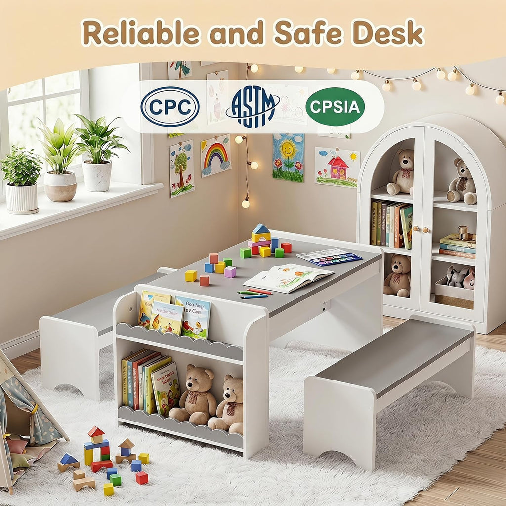 Kids Table and Bench Set, Montessori Kids Table and Chair Set, Indoor Wooden Toddler Activity Table with Bookshelves