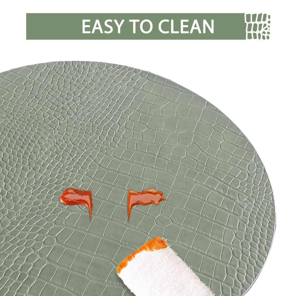 Round Leather Placemats for Round Tables Set of 8, Green Place Mats and Coasters, Wipeable Waterproof Heat Resistant