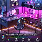 L Shaped Desk Gaming Desk, 59" L Shaped Computer Desk with LED Light & Power Outlet