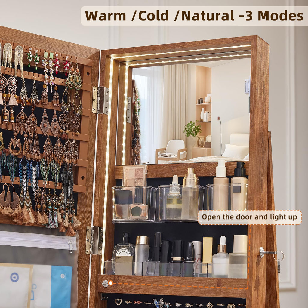 Fluted 360° Swivel Jewelry Armoire Standing with Full Length Mirror