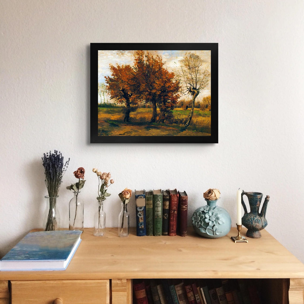 Cabin Autumn Landscape with Four Trees by Vincent Van Gogh | Print in Black Flat Frame | Fine Artwork Painting