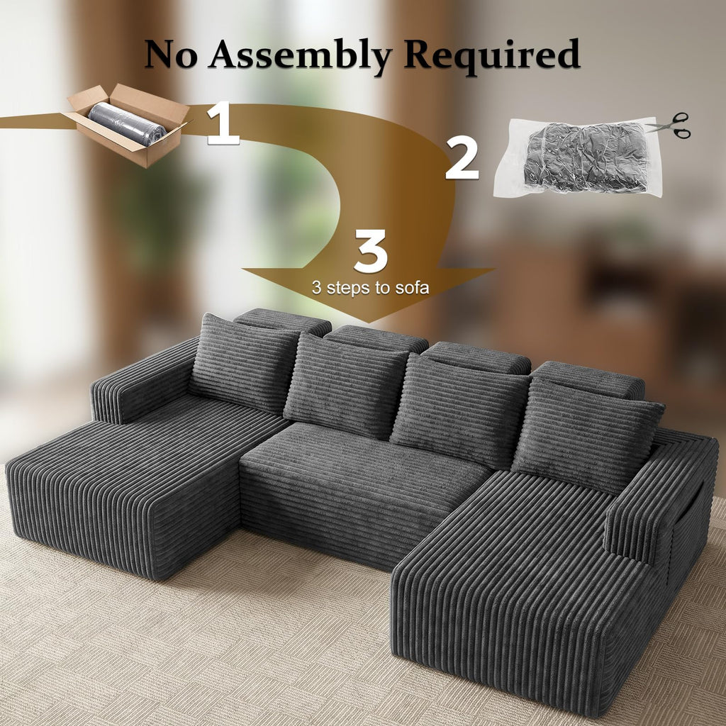 Boneless Couches 113" - Modular Sectional Sofa with Side Pockets U Shaped High Back Oversized Deep Seat Corduroy No