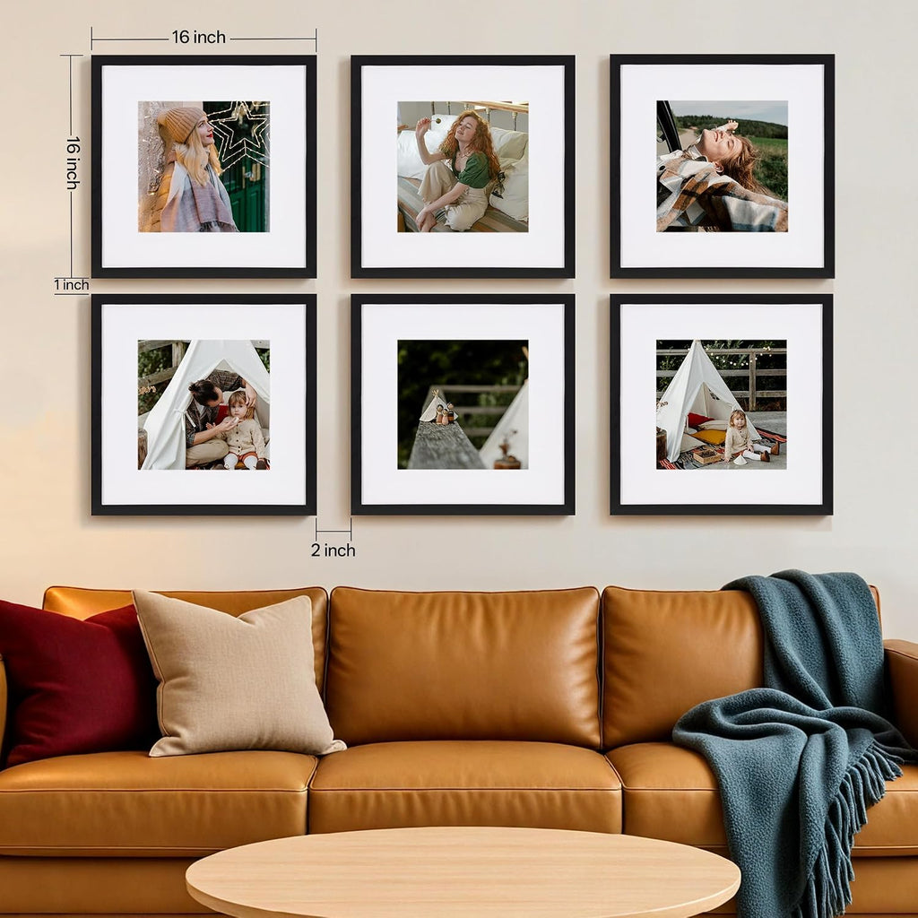 16x16 Picture Frame Set of 6, Display 12x12 with Mat | Gallery Wall Decor, Sturdy & Lightweight, Clear Acrylic, No