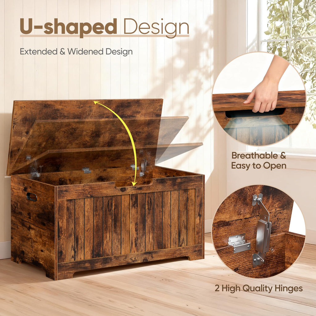 Storage Chest, Lift Top Storage Trunk, Entryway Shoe Bench, Wooden Storage Bench with 2 Safety Hinges (Rustic Brown