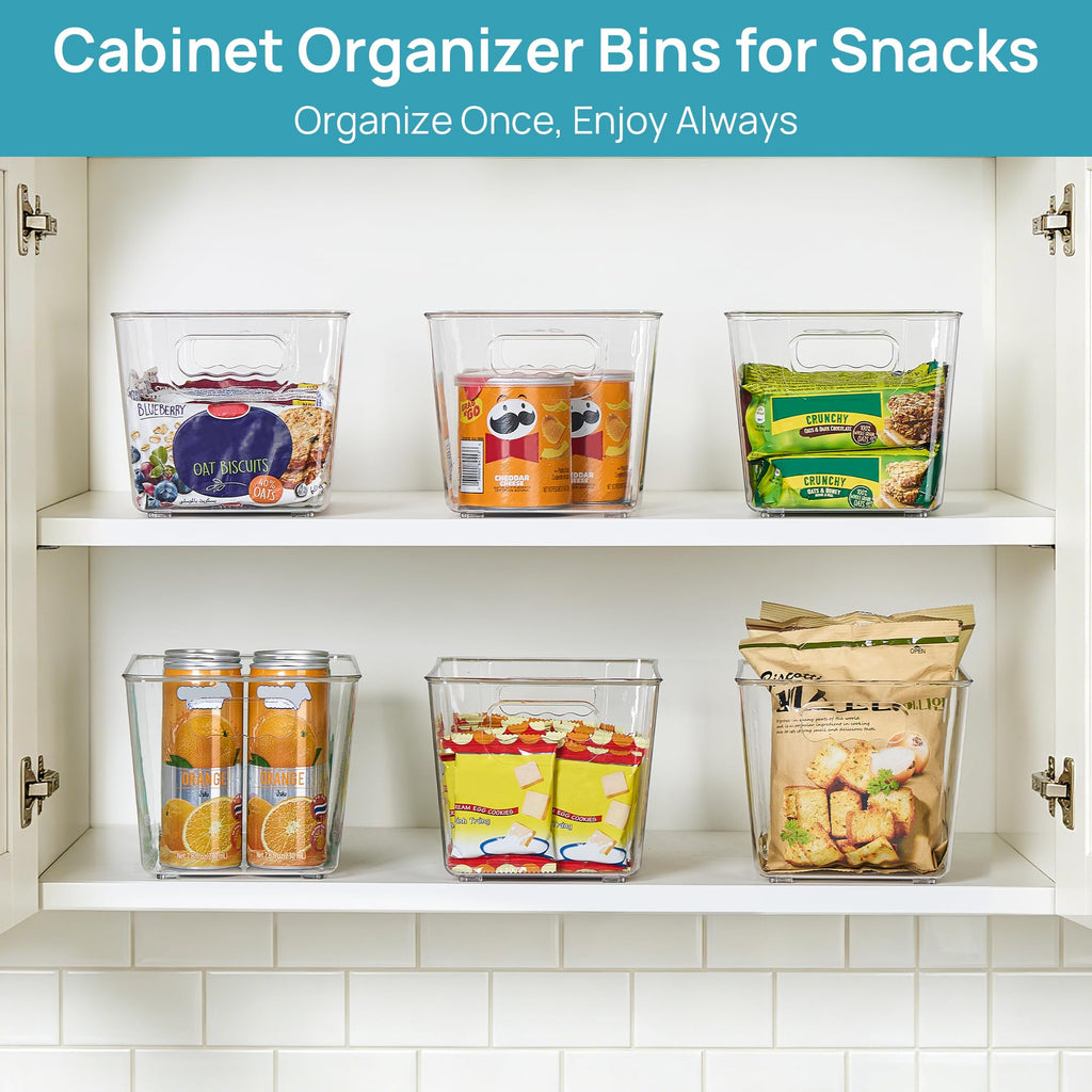 6 Pack Clear Storage Bins, Pantry Cabinet Organizer Bins, Medium