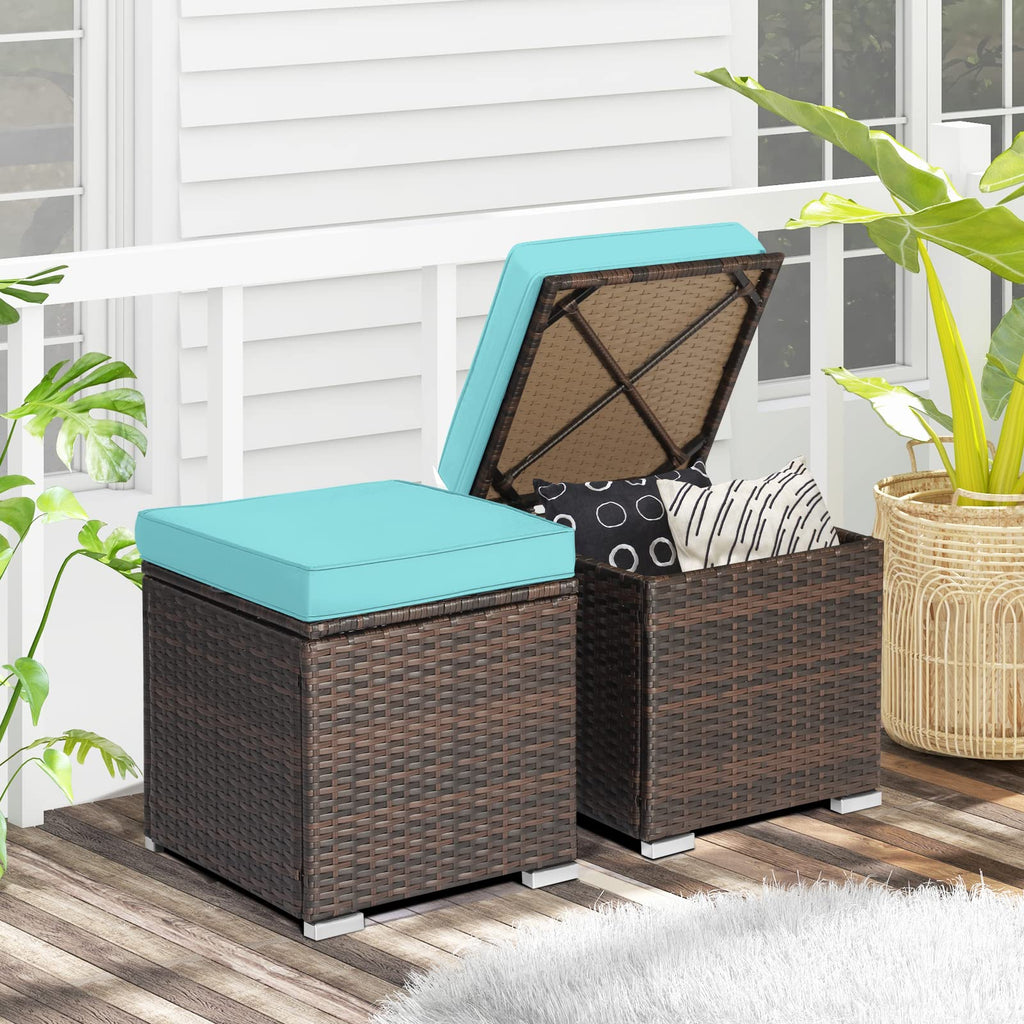 2PCS Patio Ottoman Set Outdoor Wicker Stool with Storage, Rattan Footrest Ottoman with Solid Metal Frame and Cushion