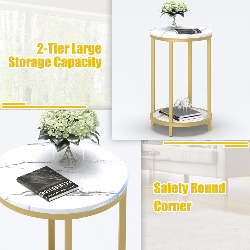 Round Side Table, Modern Nightstand End Table with Gold Metal Frame &Faux Marble Top, Accent Bedside Table Bedroom