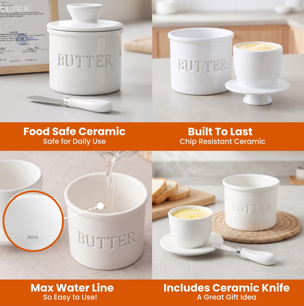 Butter Crock with Lid for Countertop with Spreader Knife and Water Line, Soft Spreadable Butter, Ceramic French