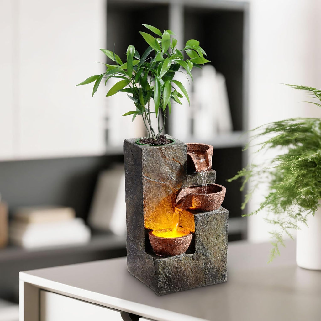 Tabletop Indoor Water Fountain - 3-Tier Rock Waterfall Fountain with Warm LED Light and DIY Planting Pot - Relaxing