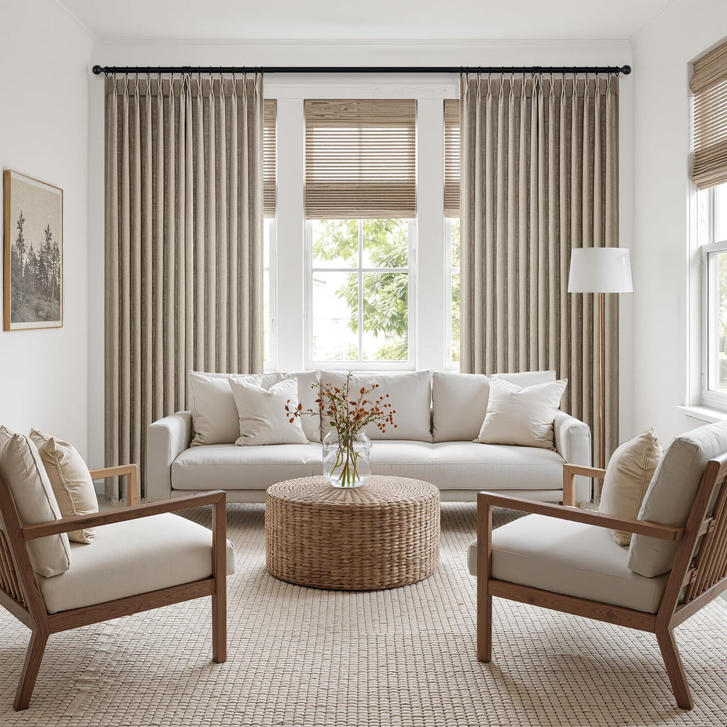 Taupe Pinch Pleated Linen Semi Sheer Curtains 72 Inches Long 2 Panels Bedroom Rustic Country Thick Linen Textured