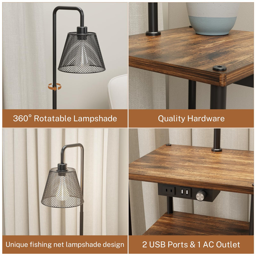 Floor Lamp with Table, Side Table with USB Charging Port and Outlet, Modern Bedside Nightstand End Table with Floor