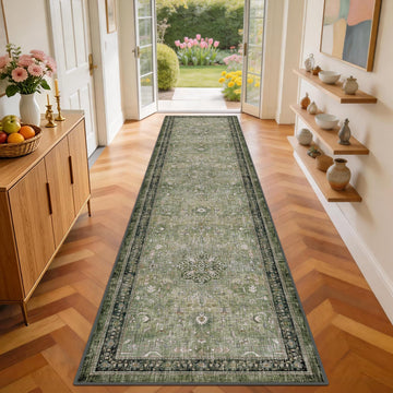 Vintage Geometric Washable Hallway Runner Rug, Dark Green Boho Thin Non-Slip Long Kitchen Carpet, Soft Indoor