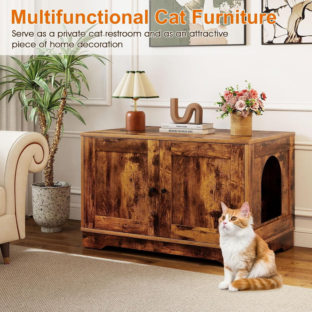 Cat Litter Box Enclosure, Modern Hidden Litter Box Furniture with Double Doors, Side Entry, Cat House, Side End