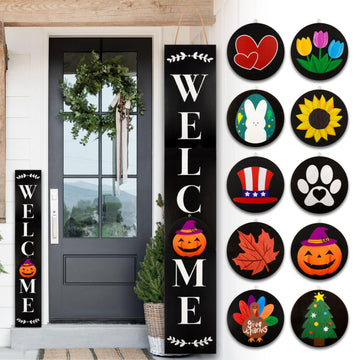 Welcome Sign for Front Porch Standing, Interchangeable Wooden Sign with 5 Designed Double-Sided Icons for Front Door