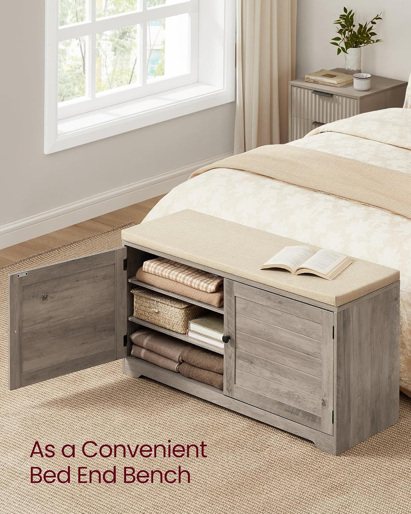 Shoe Storage Bench with Cushion, 3-Tier Entryway Bench with Padded Seat, Doors, Adjustable Shelves, 14 x 39.8 x 20.7