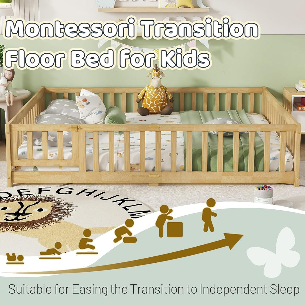 Floor Bed with Safety Guardrails for Kids, Rubber Wood Montessori Bed with Slats and Convertible Door