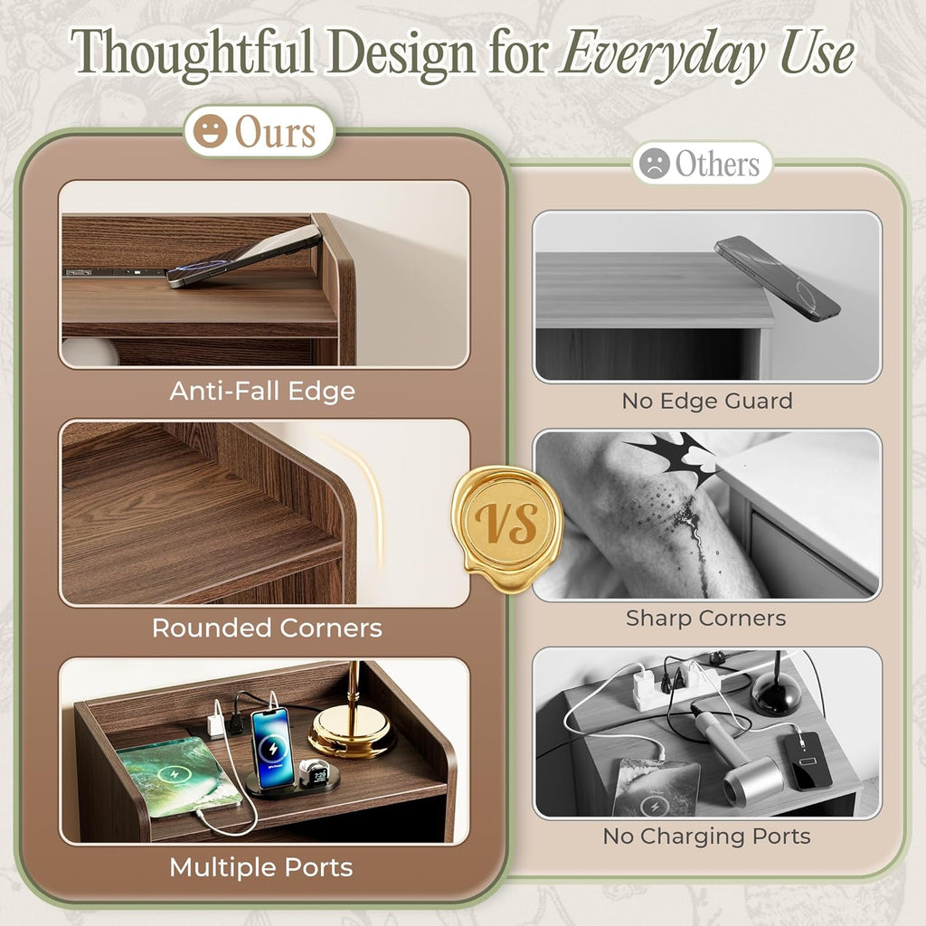 Nightstand with Charging Station, USB-C Port, Fluted Night Stand with Drawer, Bed Side Table with Solid Wood Feet