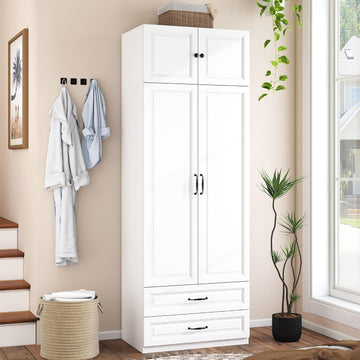 Armoire Wardrobe Closet with Drawers: 31.5" Large Wood Wardrobe Closet with 2 Doors and 2 Drawers, Modern Clothes