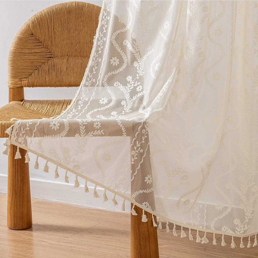 Boho Lace Curtains 2 Panels 80 Inches -Cute Vintage Victorian Sheer Panel Drape French Country Floral Pattern &