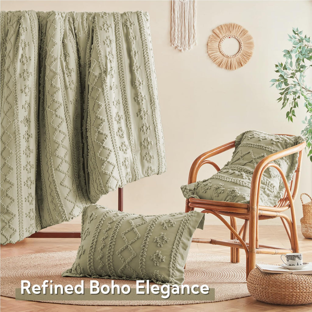 Queen Comforter Set 7 Pieces, Tufted Boho Beddding Set Sage Green