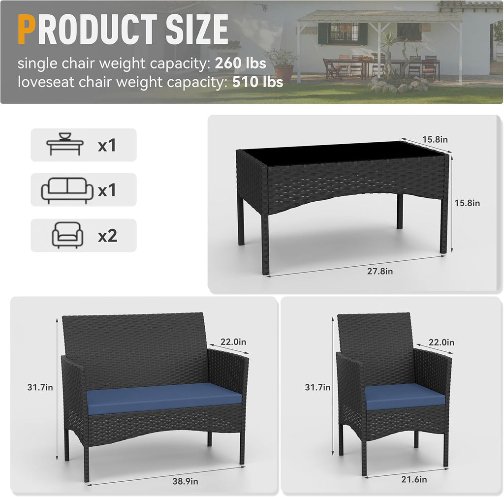 Kurapika Patio Furniture Set 4 Pieces Outdoor Wicker Rattan Chairs Conversation Sets w/Coffee Table