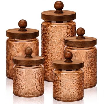 5 Pcs Vintage Glass Canisters Kitchen Glass with Lid, Brown
