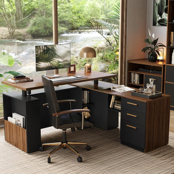 63" L Shaped Executive Standing Desk with 3 Drawers | Electric standing desk with Privacy Panel, AC/USB, 1.18"