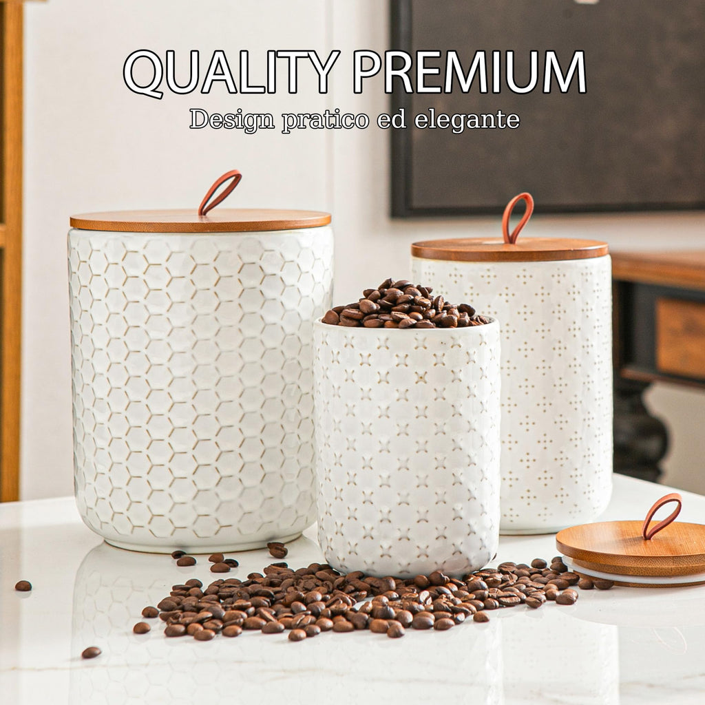 White Embossed Ceramic Canister 3 Piece with Airtight Bamboo Lid