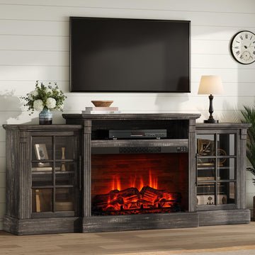 70" Farmhouse TV Stand with 28" Fireplace, Rustic Black