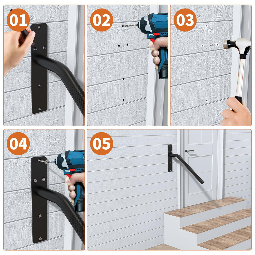 16 Inch Stair Handrails for 1-3 Steps, Black Safety Rails
