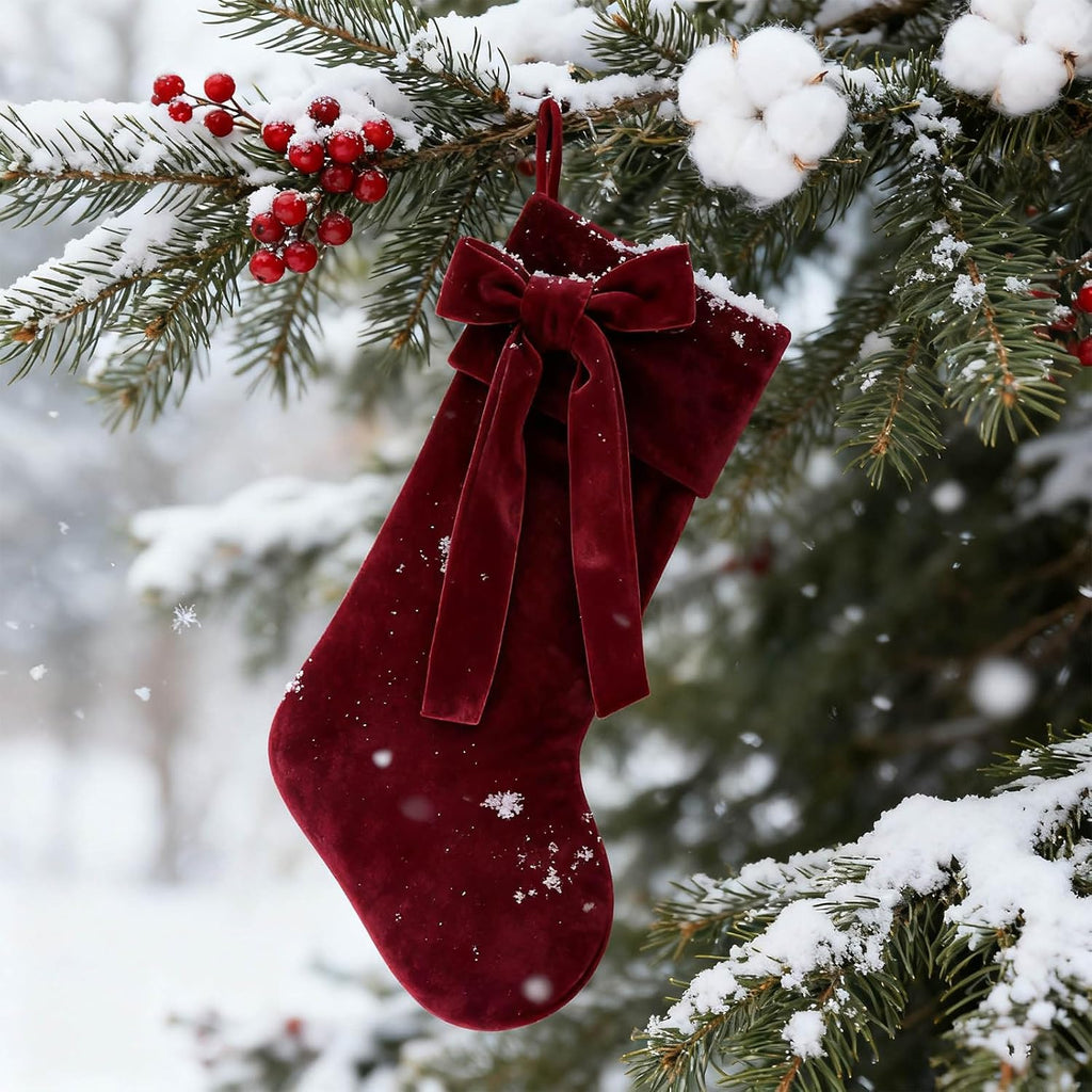 20 Inch Velvet Christmas Stocking, Christmas Decor Soft Velvet Stockings with Large Decorative Bow Luxury Velvet