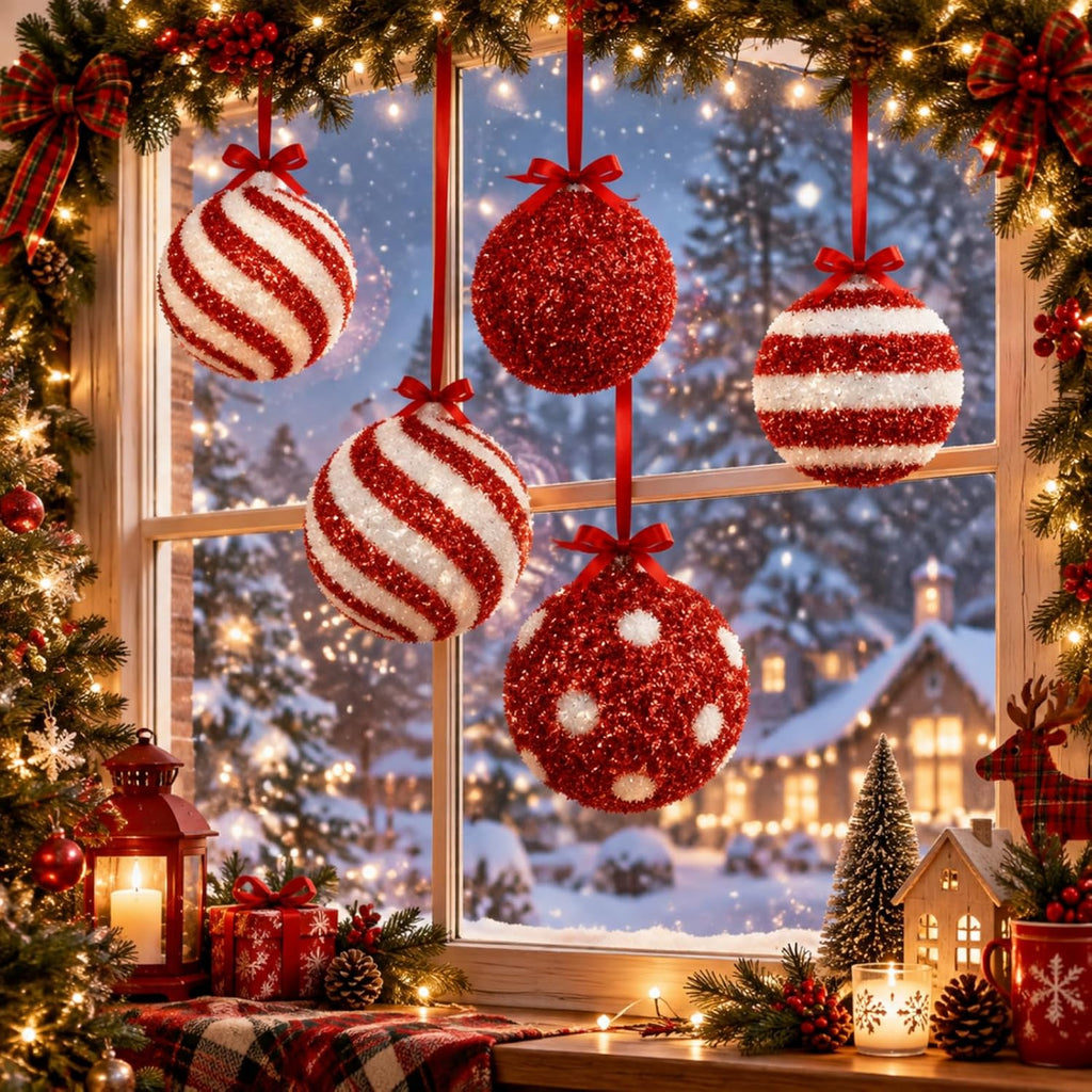 6 Pcs Jumbo 6 Inch Christmas Ball Ornaments Tinsel Balls, Candy