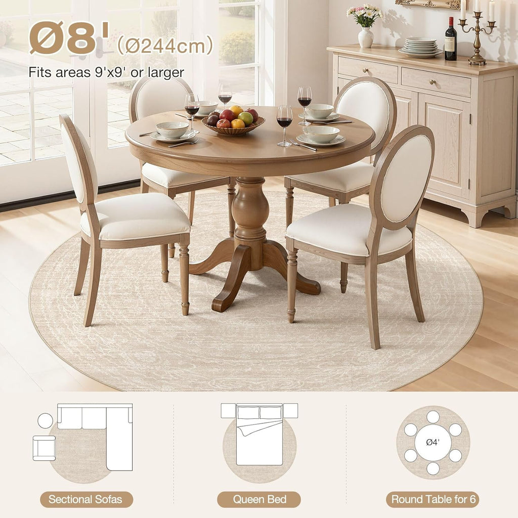 8ft Round Rug Living Room: Washable Large Vintage Neutral Area Rug Non-Slip Soft Stain Resistant Ind