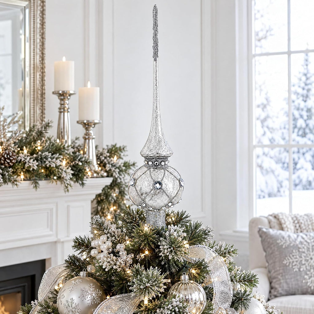 Dimensional White Jewels Speckled Silver Mouth Blown Glass Tree Topper