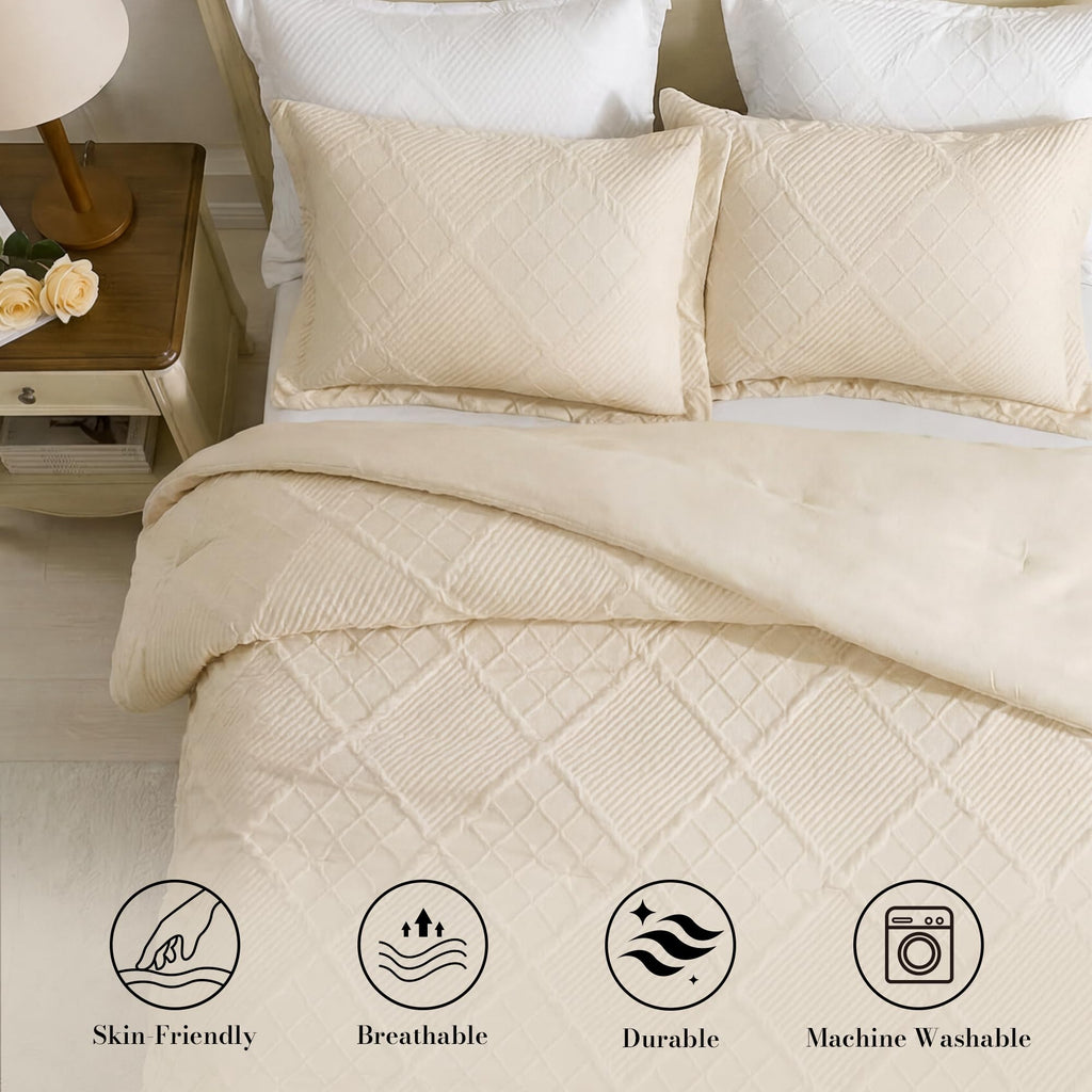 Queen Comforter Set, 3 Piece Beige Jacquard Bedding Set with 2 Pillow Cases, Soft Microfiber Diamond Design