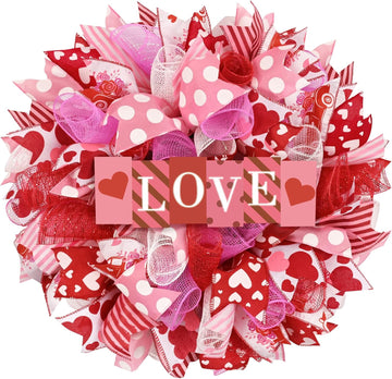 17 Inch Valentines Day Mesh Wreath,Valentines Wreaths for Front Door with Love Wooden Sign Fishnet Yarn, Valentines