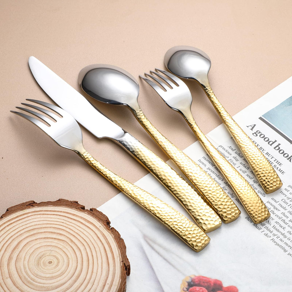 Hammered Silverware Set For 4, Forks and Spoons 18/10 Stainless Steel Heavy Duty Silverware Gold Cutlery Set 20 Piece