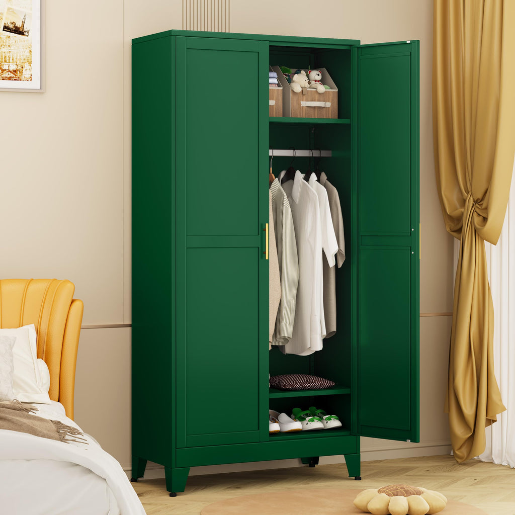 Metal Armoire Wardrobe Closet with 2 Doors, 71" Wardrobe Cabinet with Adjustable Shelves and Hanging Rod, Clothing