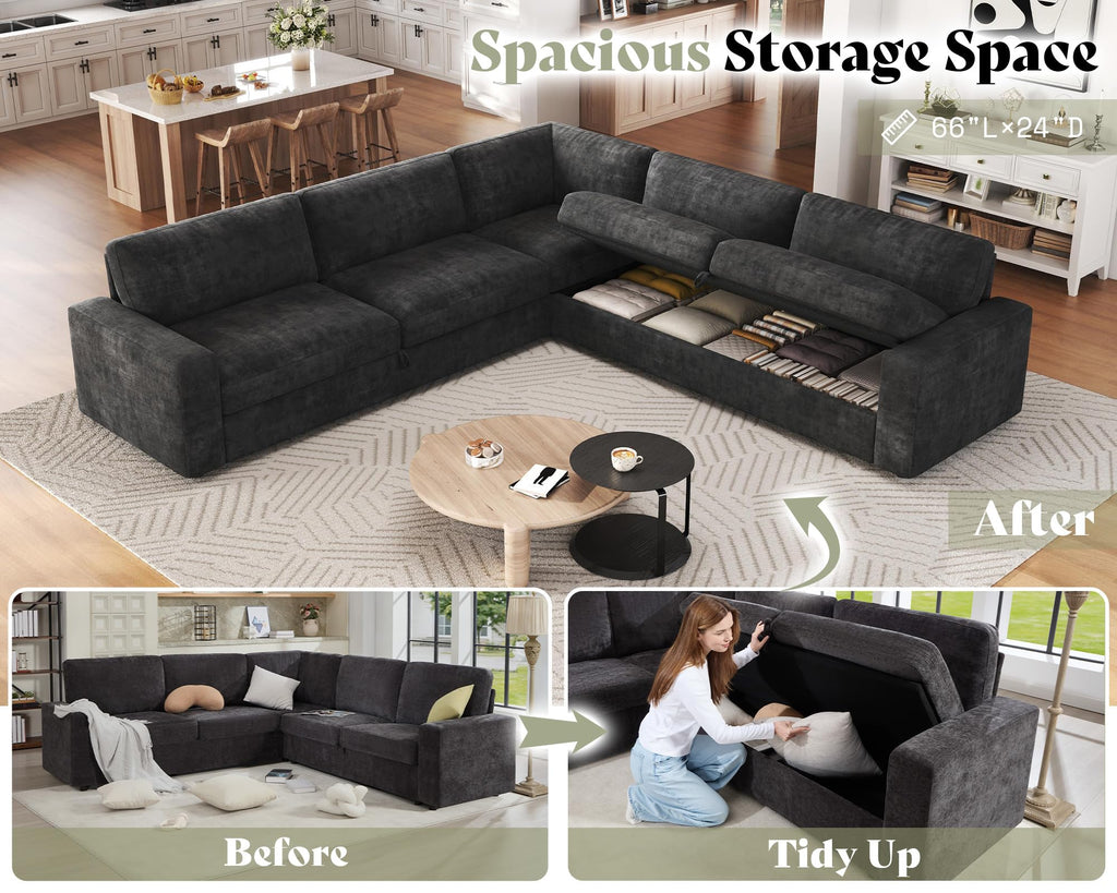 106" Sleeper Sofa, Sectional with Pull Out Bed with Storage, Gray