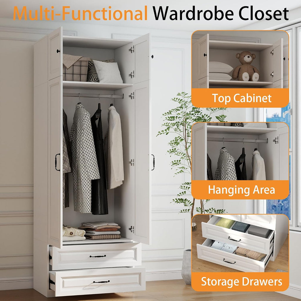 Armoire Wardrobe Closet with Drawers: 31.5" Large Wood Wardrobe Closet with 2 Doors and 2 Drawers, Modern Clothes