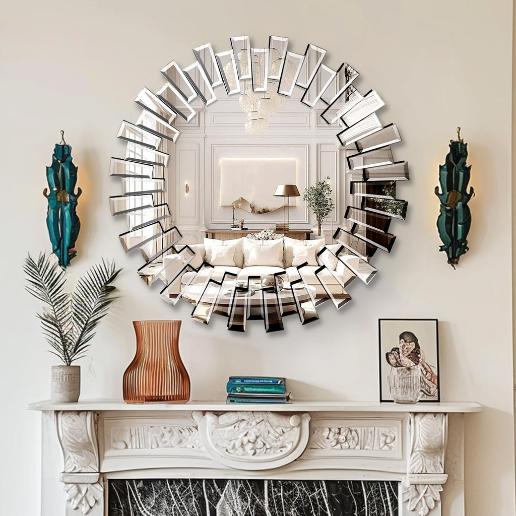 32" x32" Round Sunburst Wall Mirror, Frameless Beveled Edge
