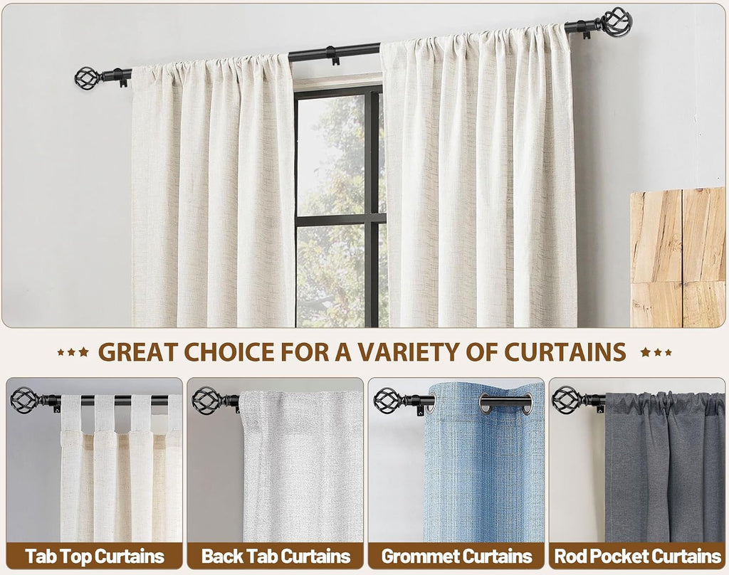 Black Curtain Rods for Windows, Long Drapery Rods| 1 Inch Heavy Duty, Single Curtain Pole, Easy Wall